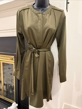 Banana Republic Olive Green Long-Sleeve Tie-Waist Shirt Dress